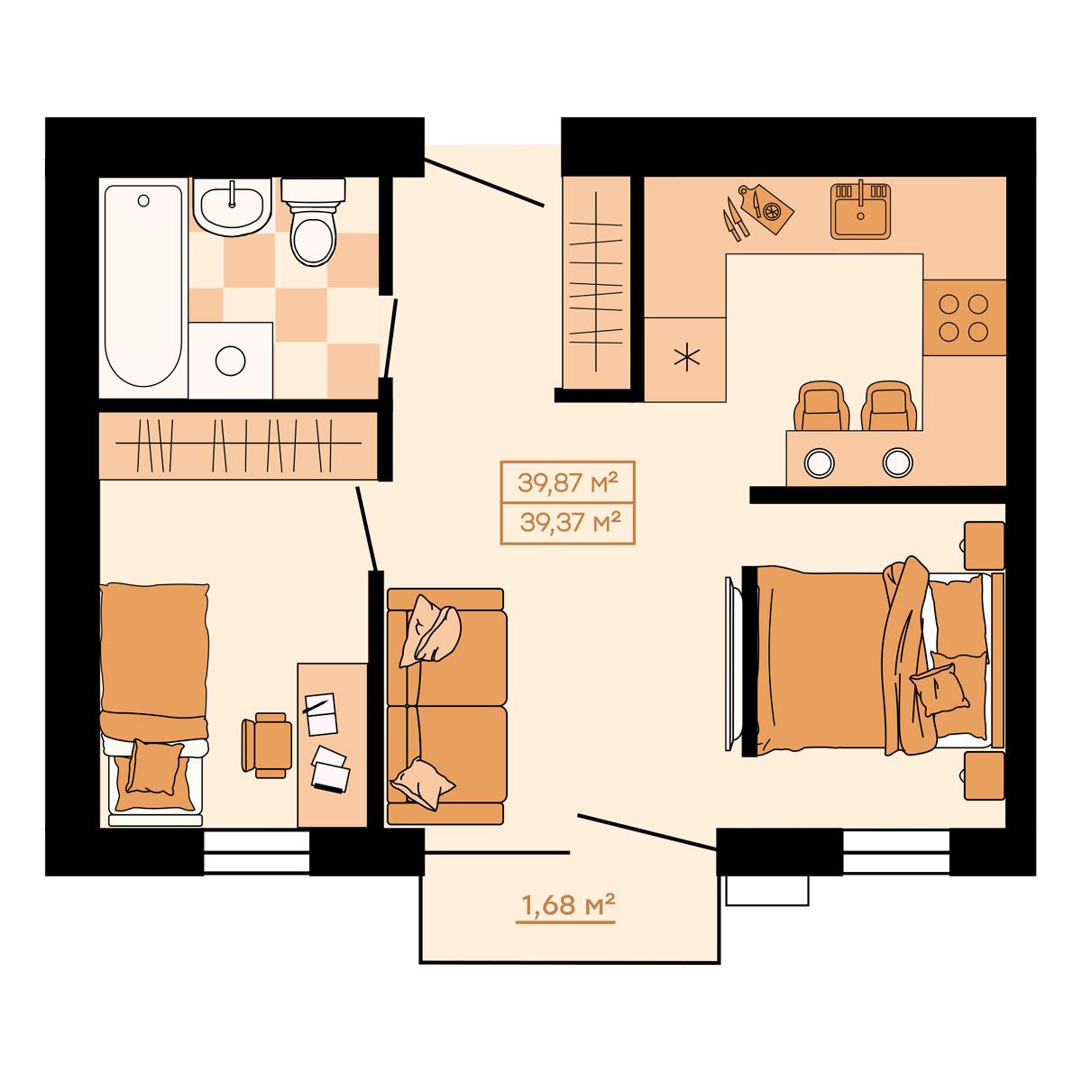 ЖК Клубный (Жилой квартал Suncity), 2-комн кв 39,87 м2, за 5 541 930 ₽, 2 этаж