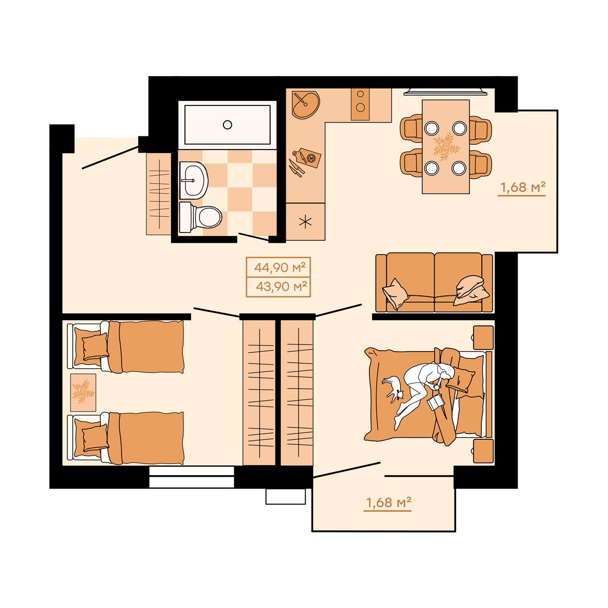 ЖК Клубный (Жилой квартал Suncity), 3-комн кв 44,9 м2, за 6 555 400 ₽, 4 этаж