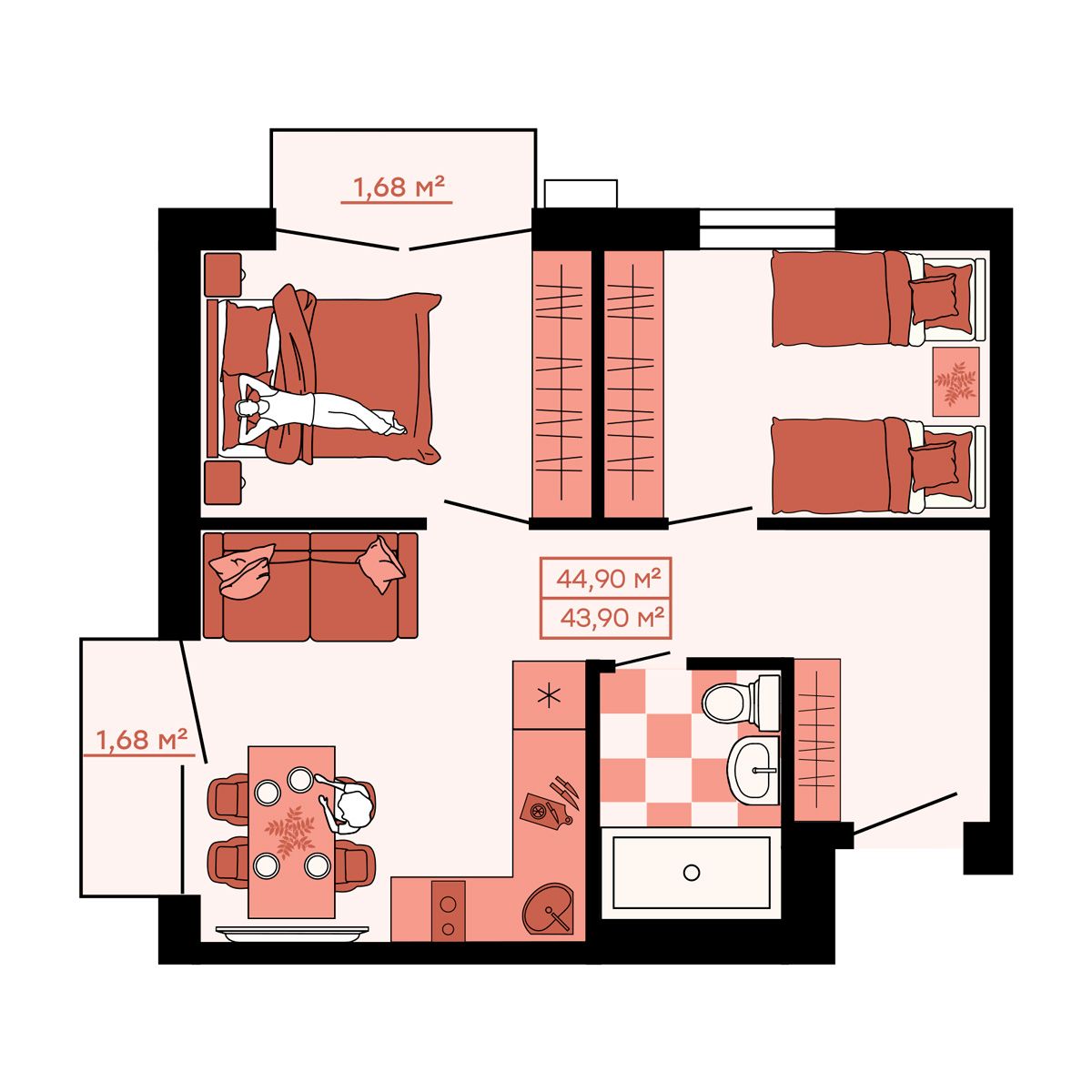 ЖК Клубный (Жилой квартал Suncity), 3-комн кв 44,9 м2, за 6 196 200 ₽, 3 этаж