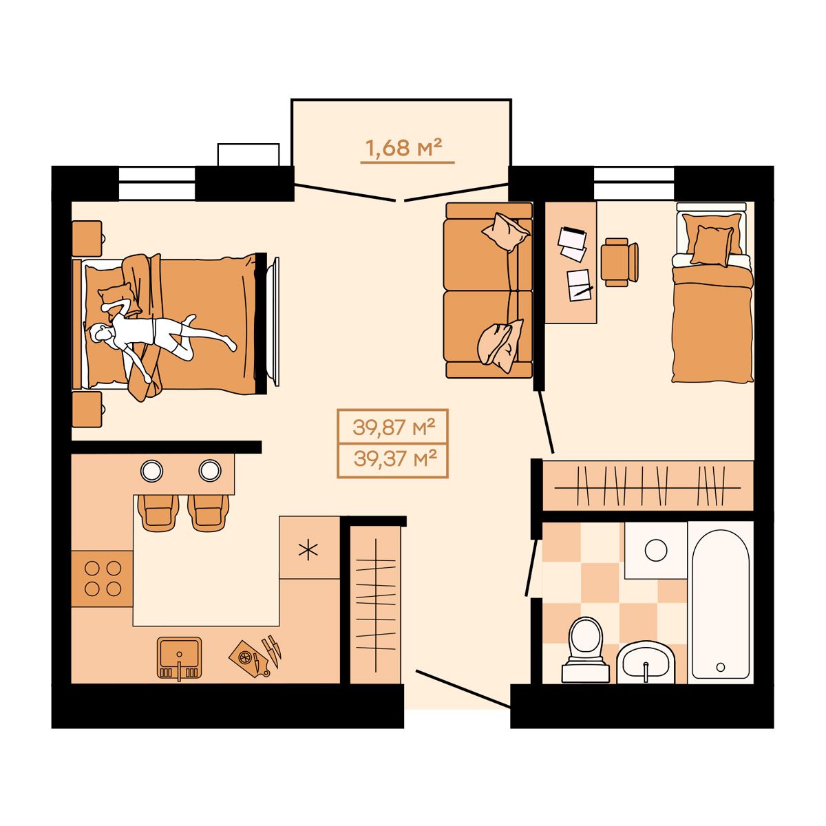 ЖК Клубный (Жилой квартал Suncity), 2-комн кв 39,87 м2, за 5 502 060 ₽, 3 этаж