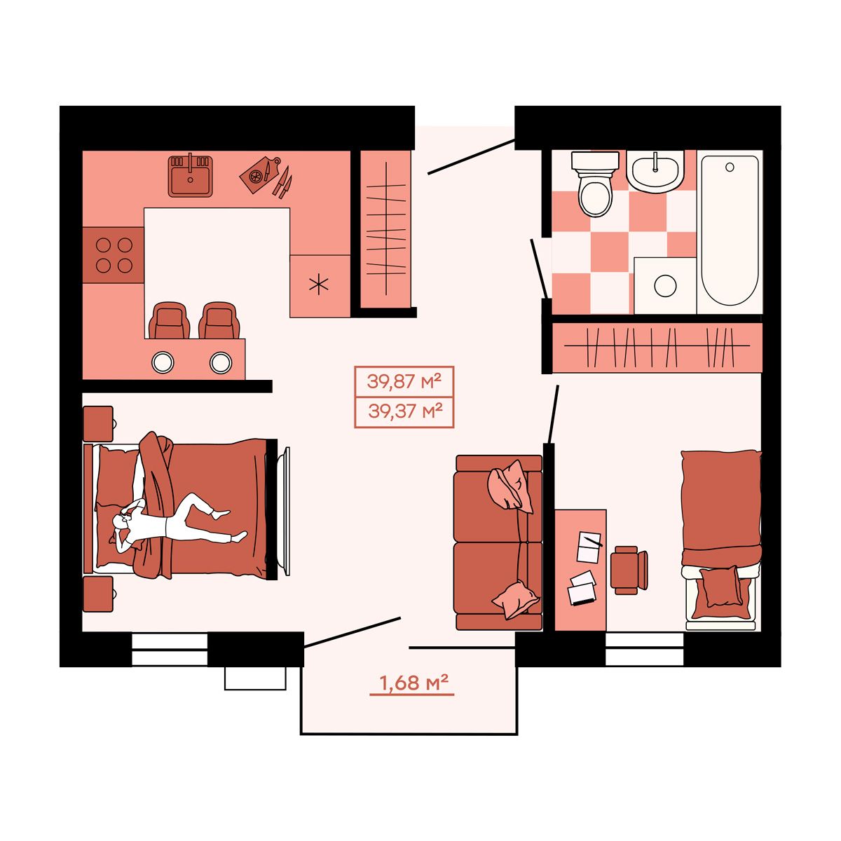 ЖК Клубный (Жилой квартал Suncity), 2-комн кв 39,87 м2, за 5 821 020 ₽, 4 этаж