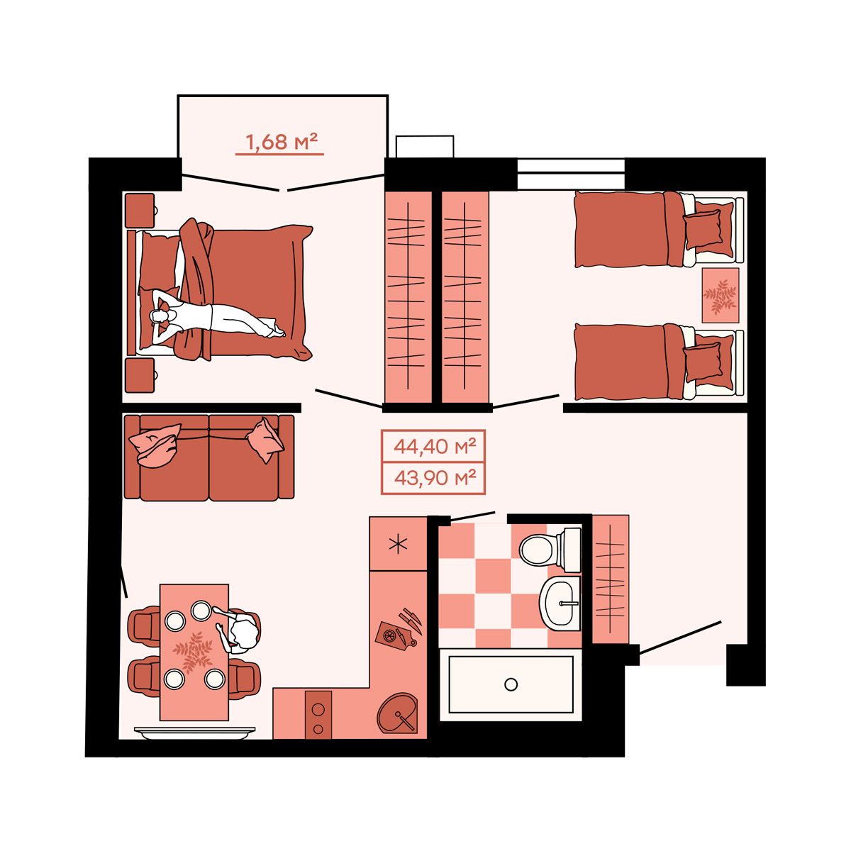 ЖК Клубный (Жилой квартал Suncity), 3-комн кв 44,4 м2, за 6 393 600 ₽, 2 этаж