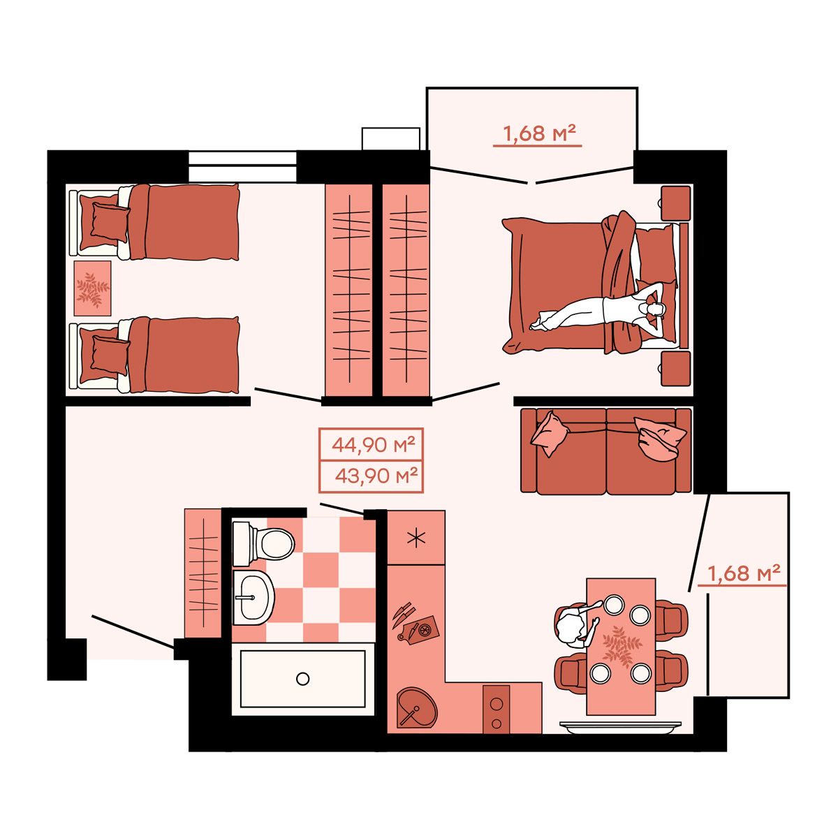 ЖК Клубный (Жилой квартал Suncity), 3-комн кв 44,9 м2, за 6 061 500 ₽, 1 этаж