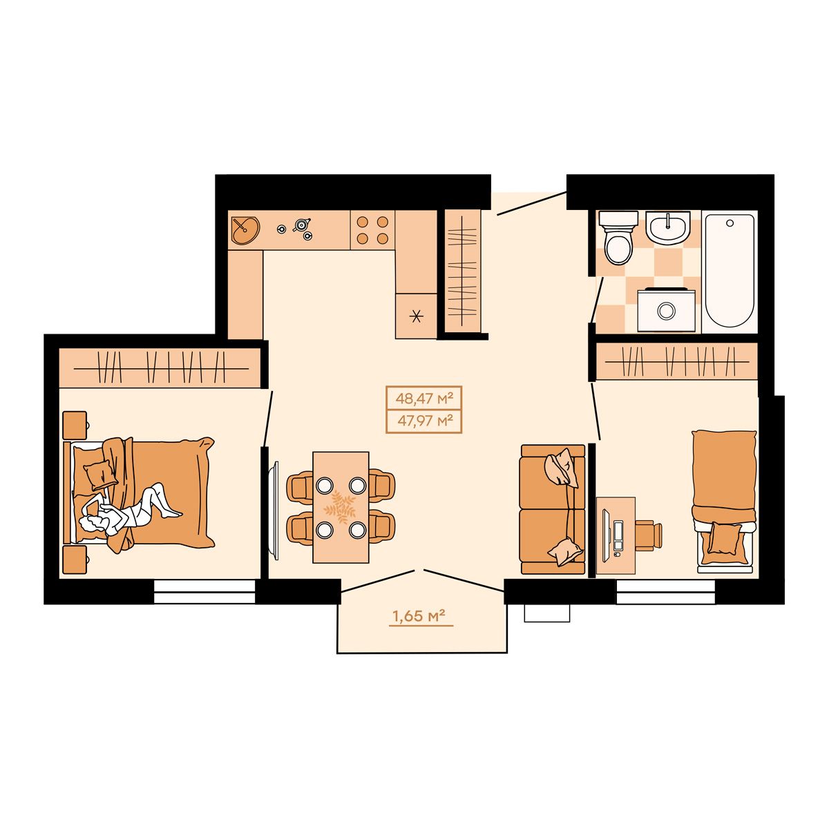 ЖК Клубный (Жилой квартал Suncity), 3-комн кв 48,47 м2, за 7 028 150 ₽, 4 этаж