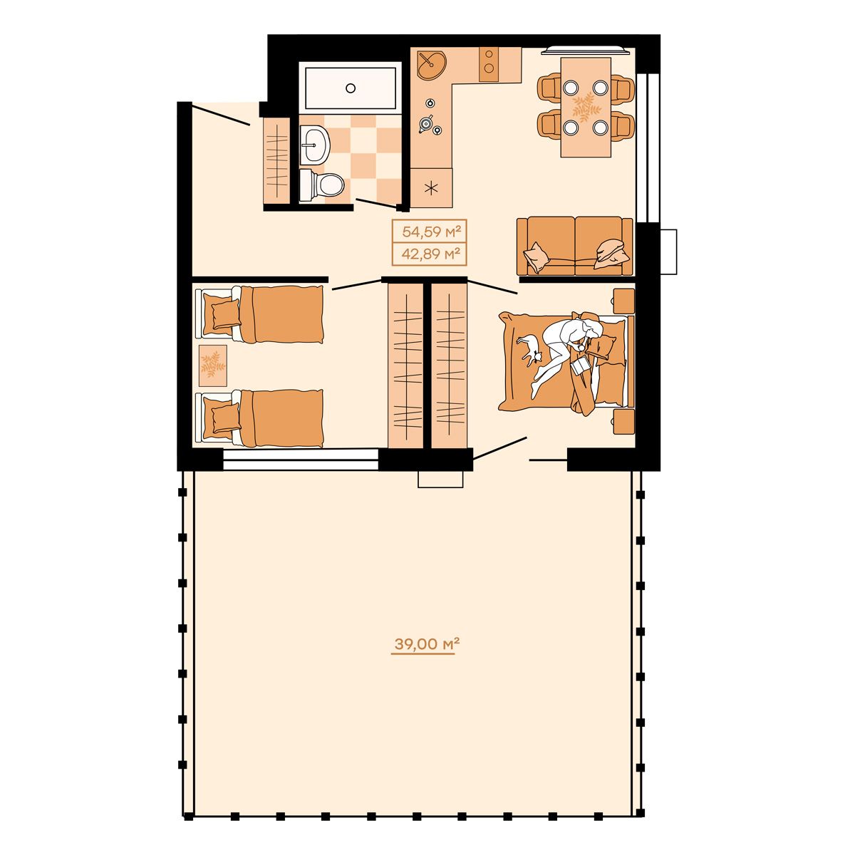 ЖК Клубный (Жилой квартал Suncity), 3-комн кв 54,59 м2, за 7 697 190 ₽, 1 этаж