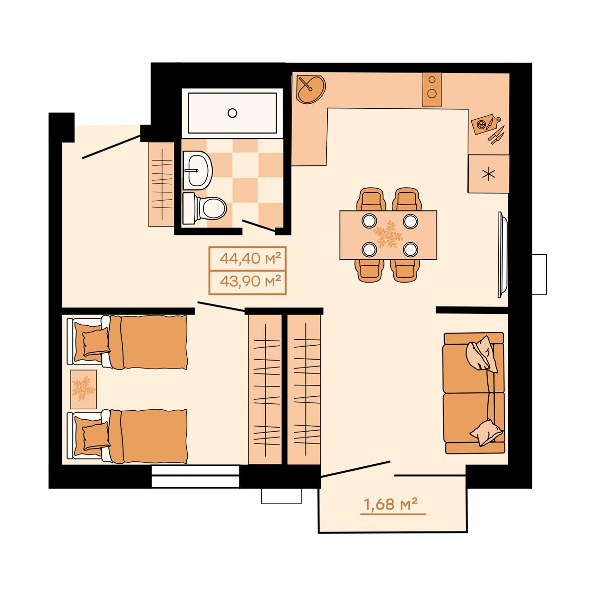 ЖК Клубный (Жилой квартал Suncity), 2-комн кв 44,4 м2, за 6 082 800 ₽, 2 этаж