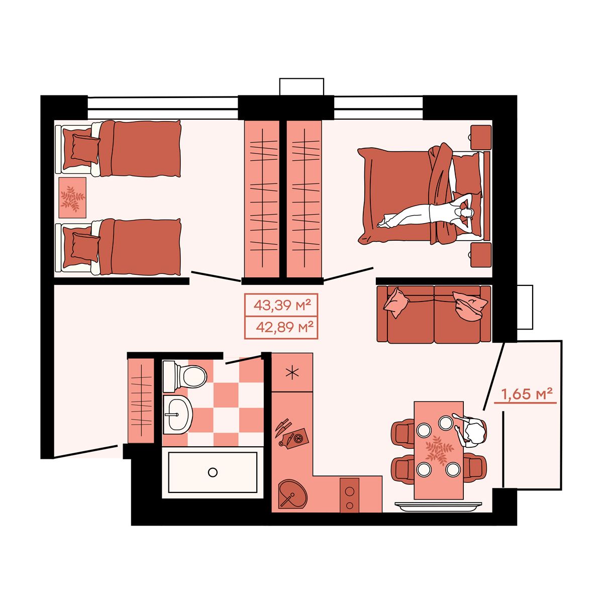 ЖК Клубный (Жилой квартал Suncity), 3-комн кв 43,39 м2, за 6 161 380 ₽, 1 этаж