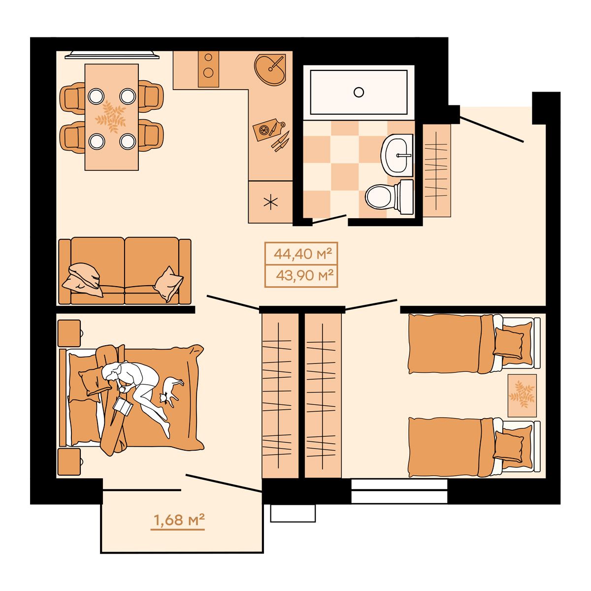 ЖК Клубный (Жилой квартал Suncity), 2-комн кв 44,4 м2, за 6 082 800 ₽, 2 этаж