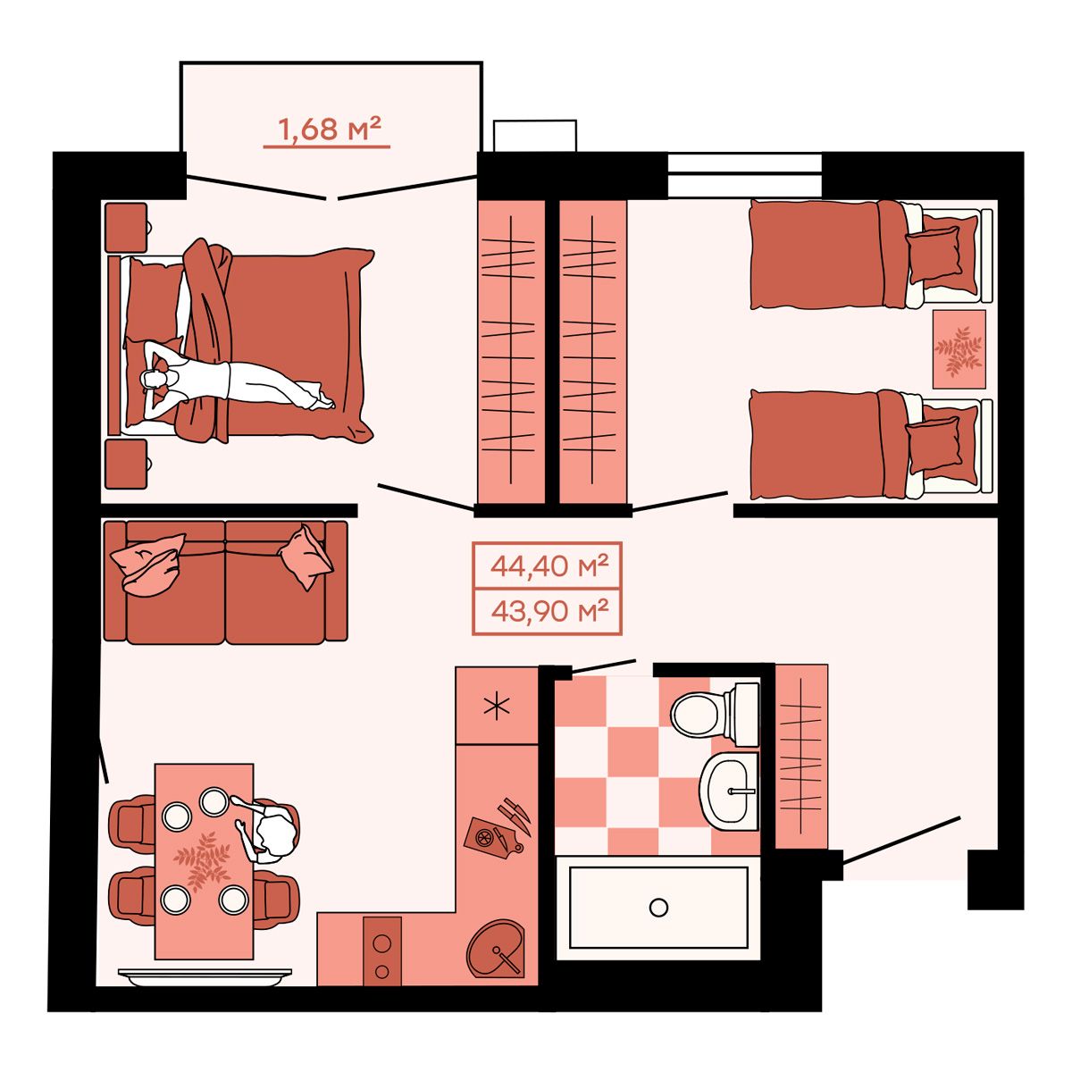 ЖК Клубный (Жилой квартал Suncity), 2-комн кв 44,4 м2, за 5 994 000 ₽, 1 этаж