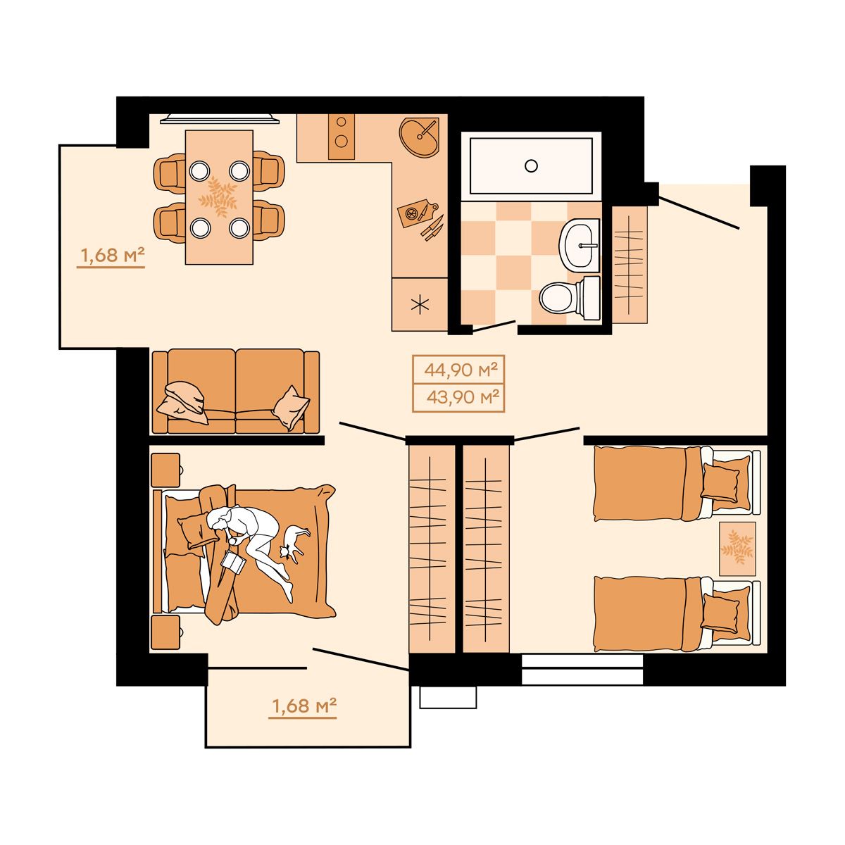 ЖК Клубный (Жилой квартал Suncity), 3-комн кв 44,9 м2, за 6 151 300 ₽, 2 этаж