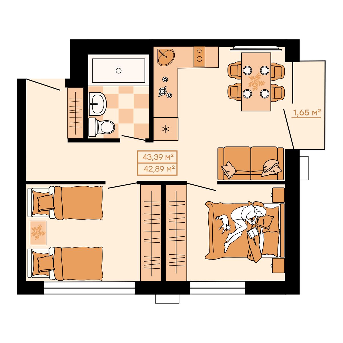 ЖК Клубный (Жилой квартал Suncity), 3-комн кв 43,39 м2, за 6 768 840 ₽, 4 этаж