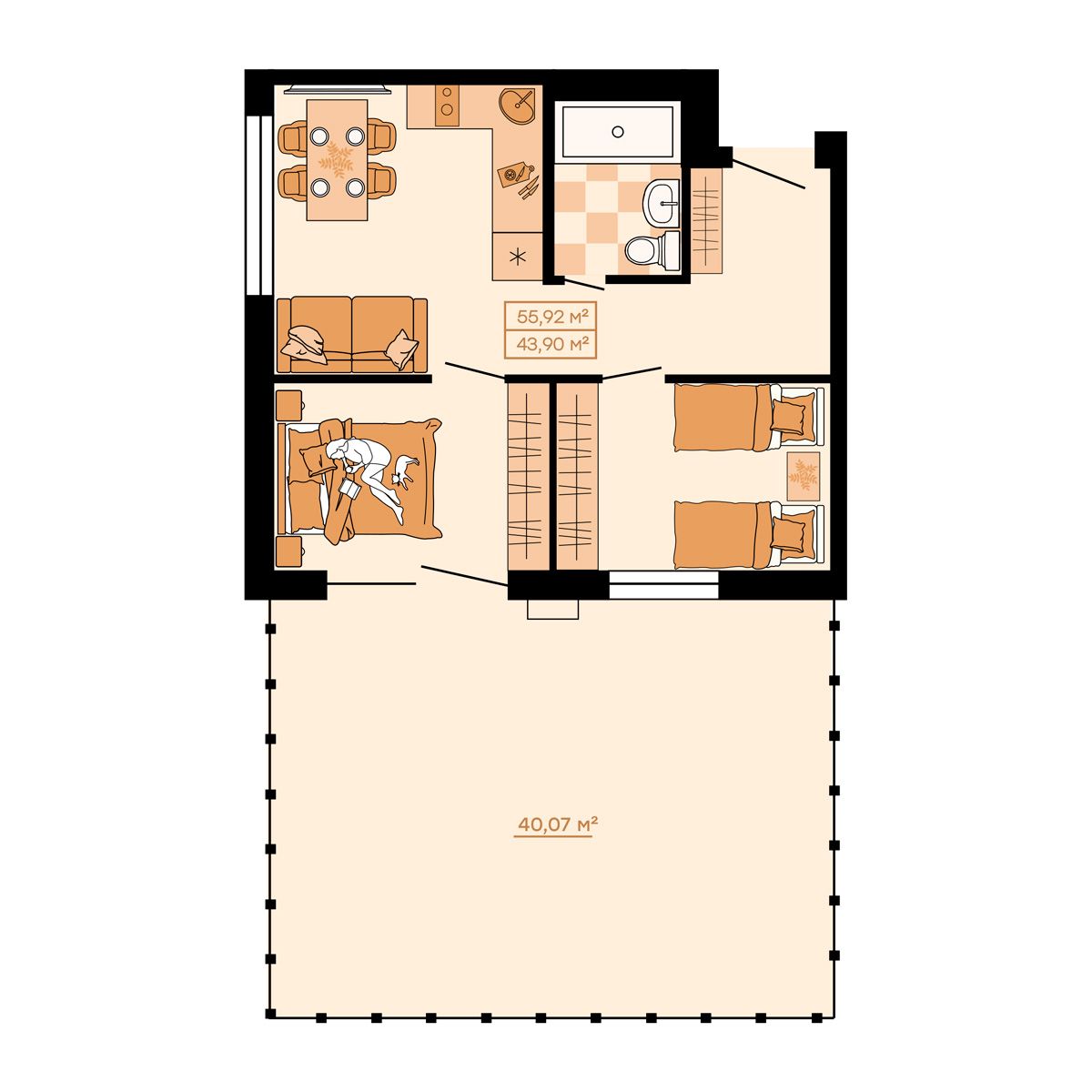 ЖК Клубный (Жилой квартал Suncity), 2-комн кв 55,92 м2, за 7 716 960 ₽, 1 этаж