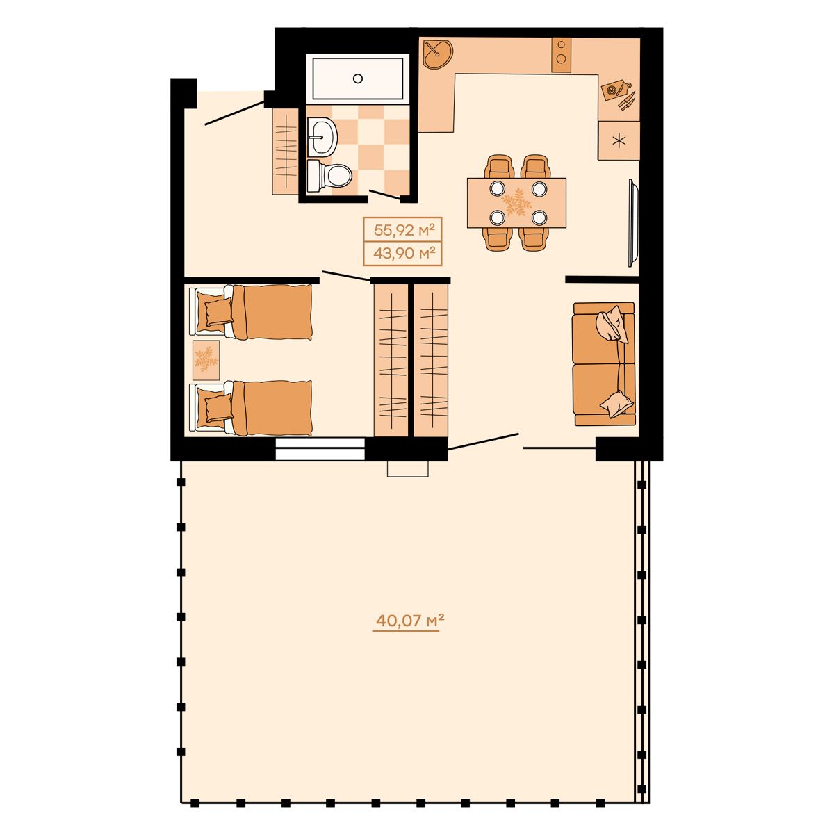 ЖК Клубный (Жилой квартал Suncity), 2-комн кв 55,92 м2, за 7 689 000 ₽, 1 этаж