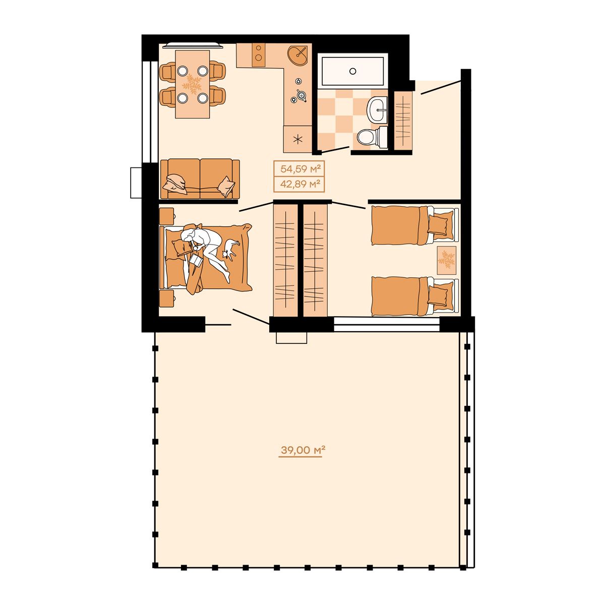 ЖК Клубный (Жилой квартал Suncity), 3-комн кв 54,59 м2, за 7 697 190 ₽, 1 этаж