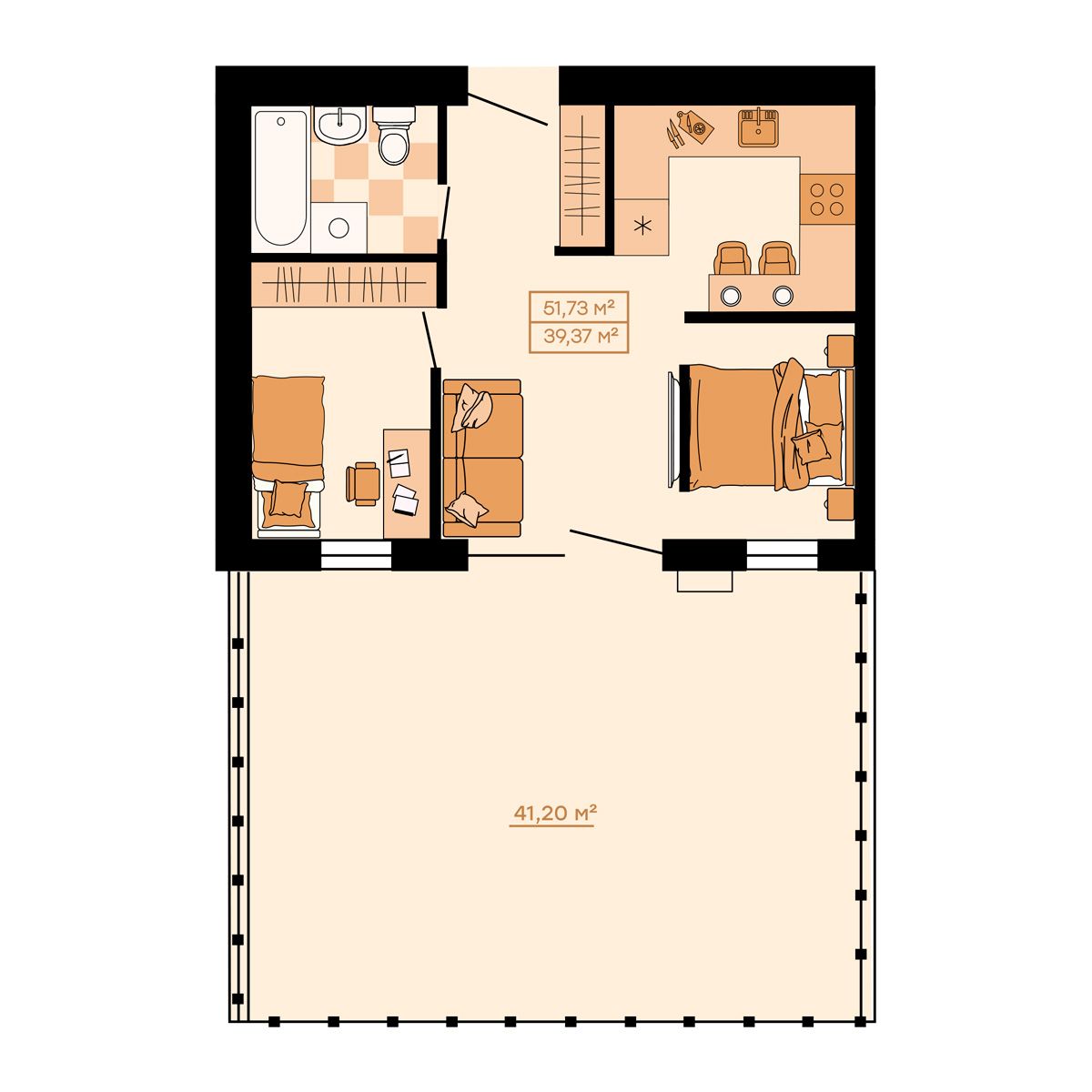 ЖК Клубный (Жилой квартал Suncity), 2-комн кв 51,73 м2, за 7 138 740 ₽, 1 этаж