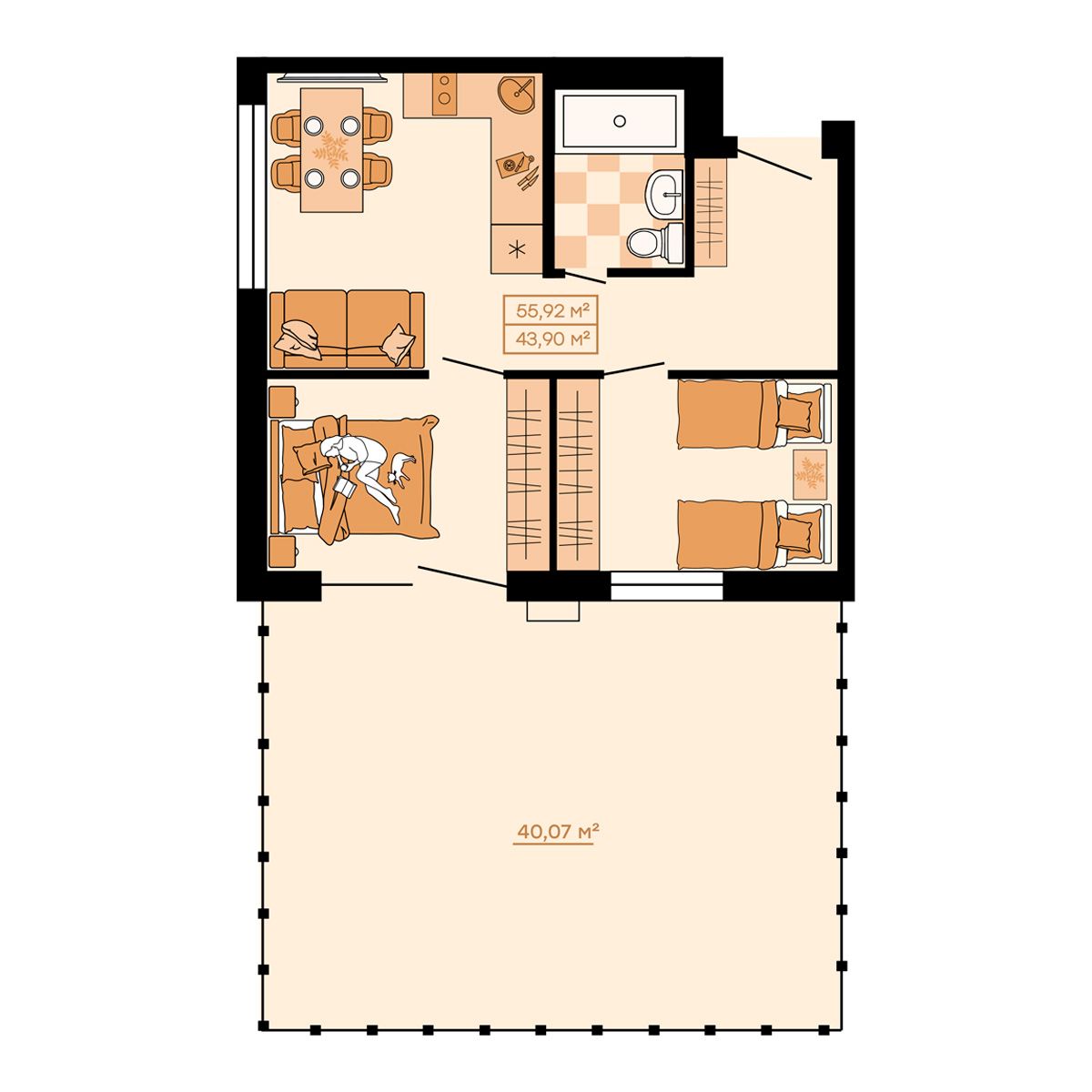 ЖК Клубный (Жилой квартал Suncity), 2-комн кв 55,92 м2, за 7 605 120 ₽, 1 этаж