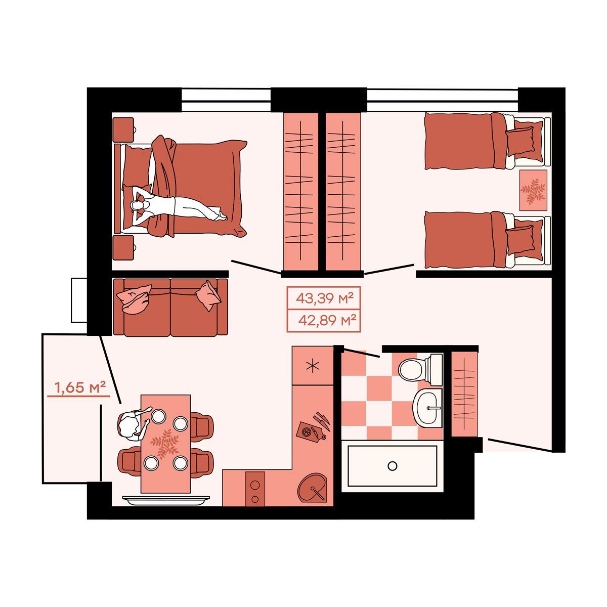 ЖК Клубный (Жилой квартал Suncity), 3-комн кв 43,39 м2, за 6 378 330 ₽, 1 этаж