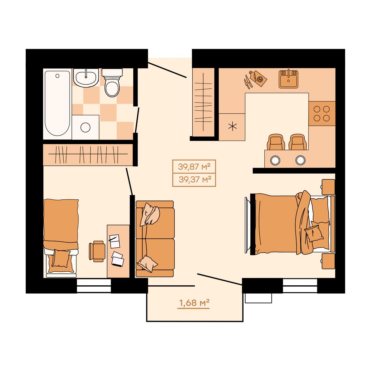 ЖК Клубный (Жилой квартал Suncity), 2-комн кв 39,87 м2, за 5 462 190 ₽, 2 этаж