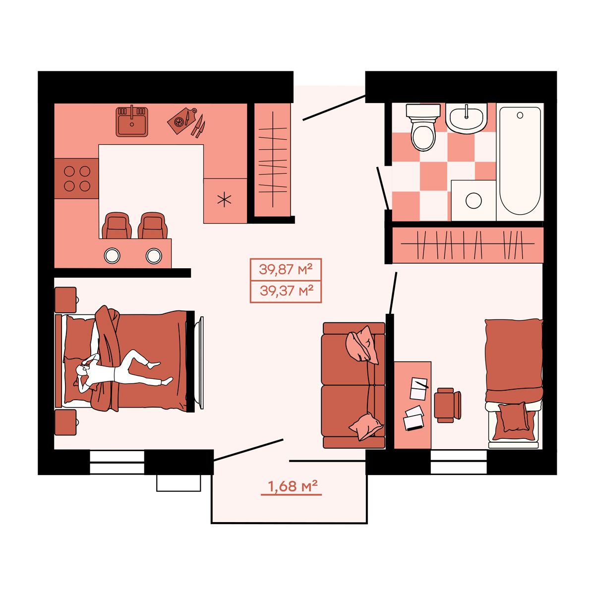 ЖК Клубный (Жилой квартал Suncity), 2-комн кв 39,87 м2, за 5 462 190 ₽, 2 этаж