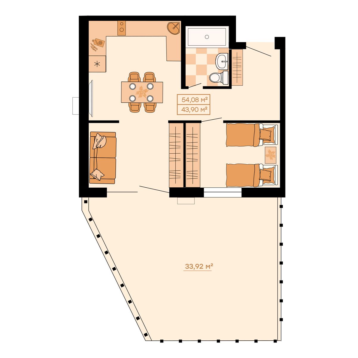 ЖК Клубный (Жилой квартал Suncity), 2-комн кв 54,08 м2, за 7 354 880 ₽, 1 этаж