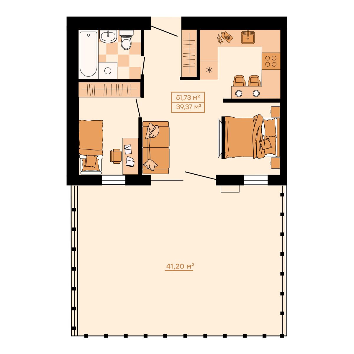 ЖК Клубный (Жилой квартал Suncity), 2-комн кв 51,73 м2, за 7 035 280 ₽, 1 этаж