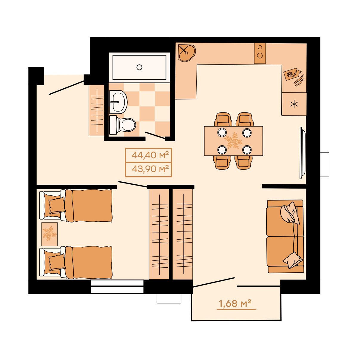 ЖК Клубный (Жилой квартал Suncity), 2-комн кв 44,4 м2, за 6 082 800 ₽, 2 этаж