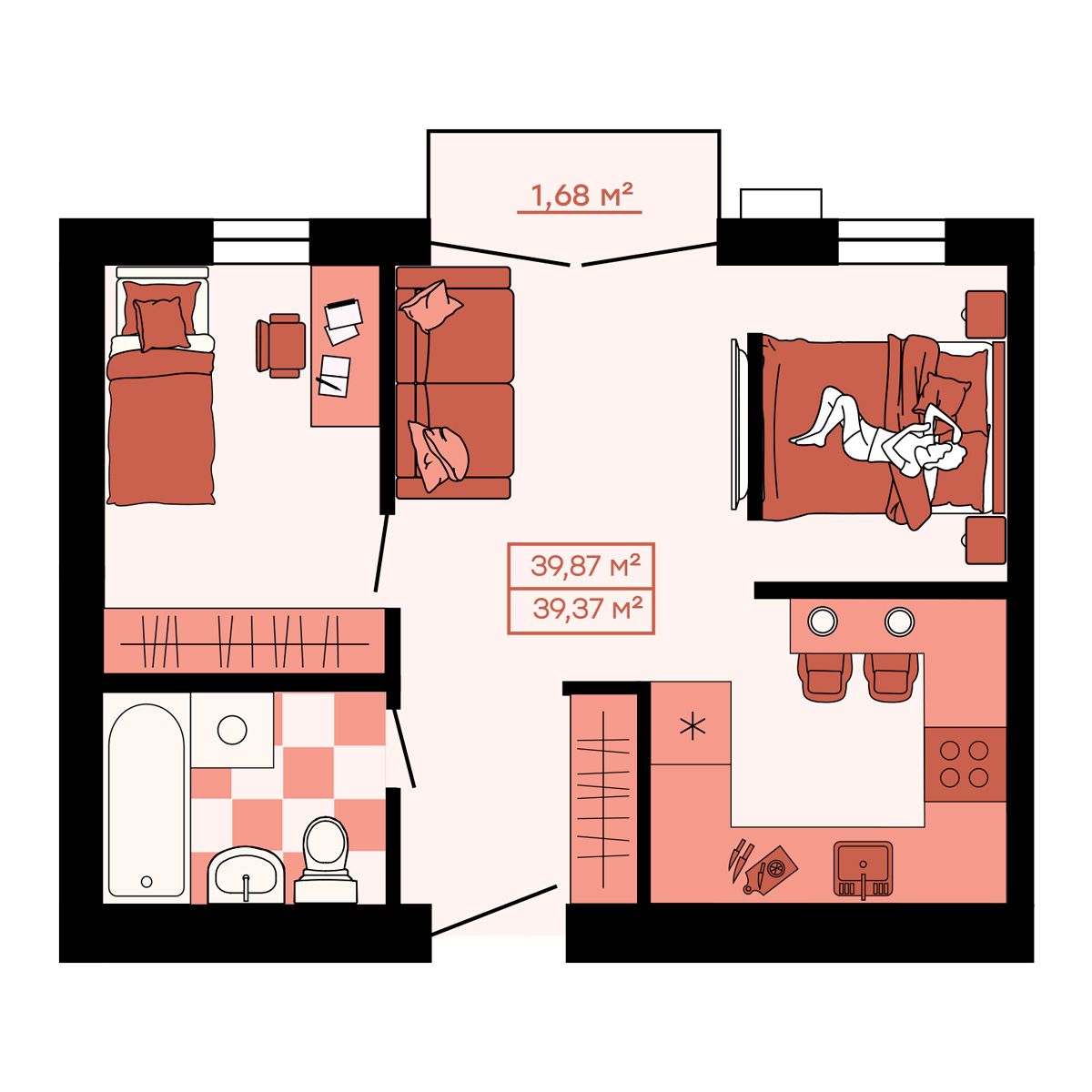 ЖК Клубный (Жилой квартал Suncity), 2-комн кв 39,87 м2, за 5 382 450 ₽, 1 этаж