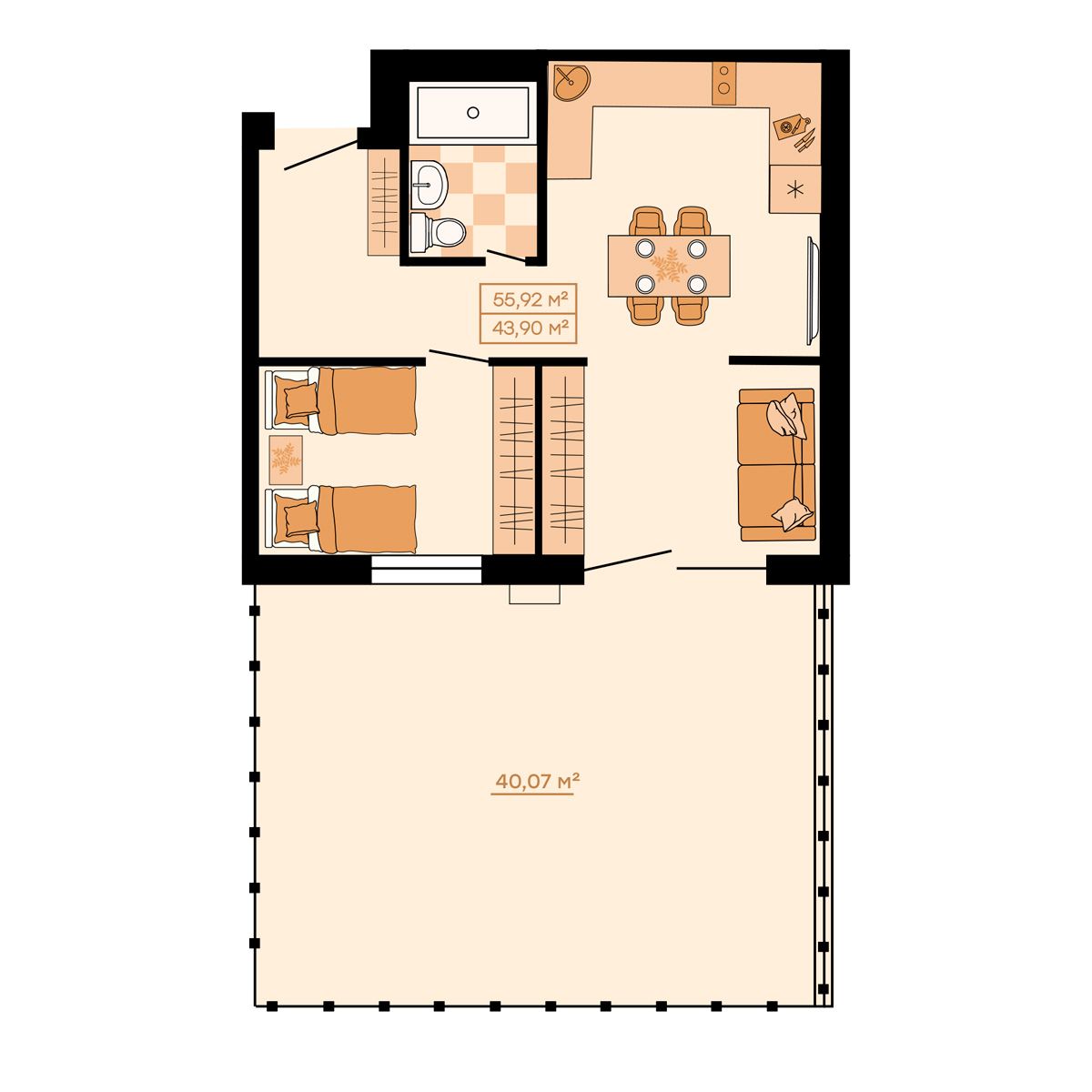 ЖК Клубный (Жилой квартал Suncity), 2-комн кв 55,92 м2, за 7 689 000 ₽, 1 этаж