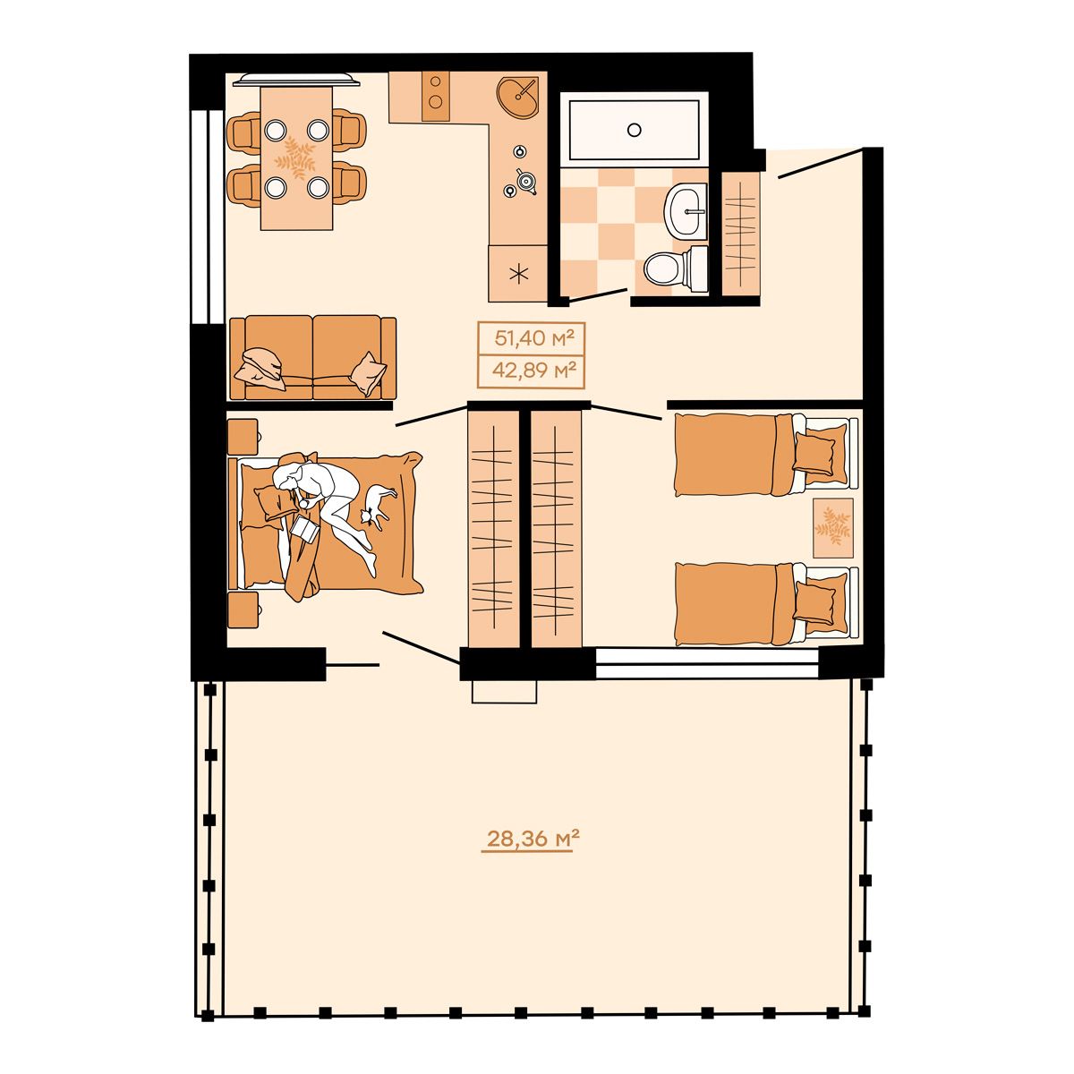 ЖК Клубный (Жилой квартал Suncity), 3-комн кв 51,4 м2, за 7 504 400 ₽, 1 этаж