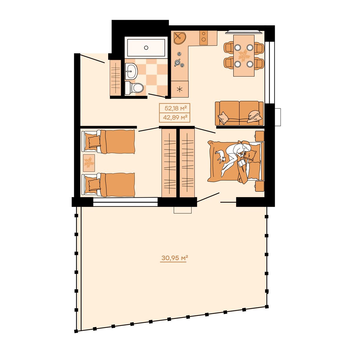 ЖК Клубный (Жилой квартал Suncity), 3-комн кв 52,18 м2, за 7 253 020 ₽, 1 этаж