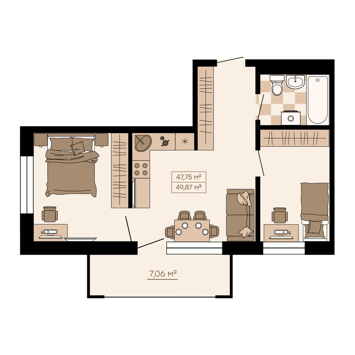 Доступные планировки в ЖК Сансити (Suncity), 49,87 м2