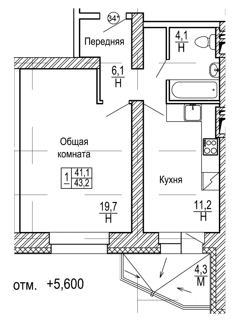 Доступные планировки в ЖК Нагорный, 45,4 м2
