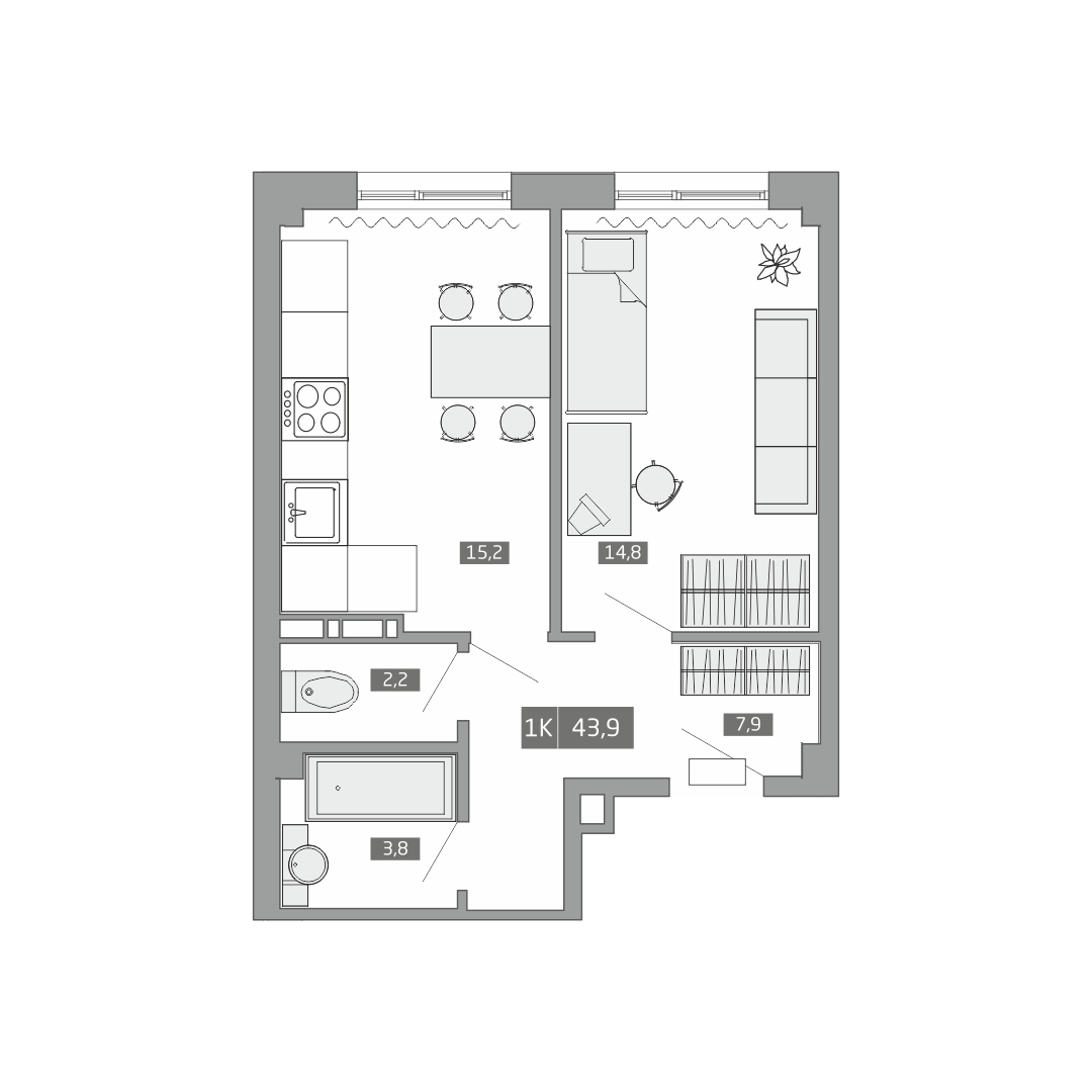 ЖК Небопарк, 1-комн кв 43,9 м2, за 5 048 500 ₽, 1 этаж