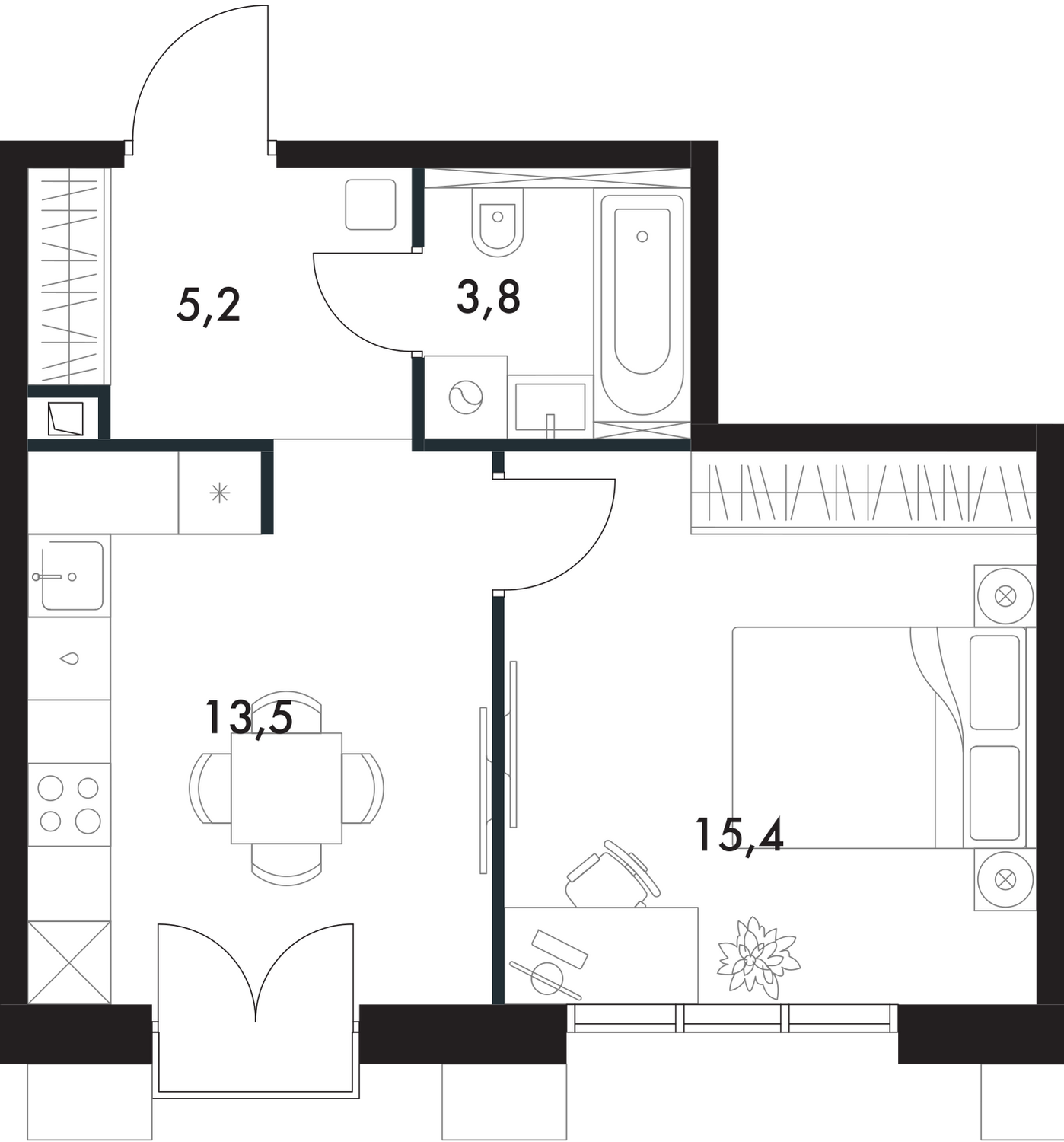 Доступные планировки в ЖК Флагман, 37,9 м2