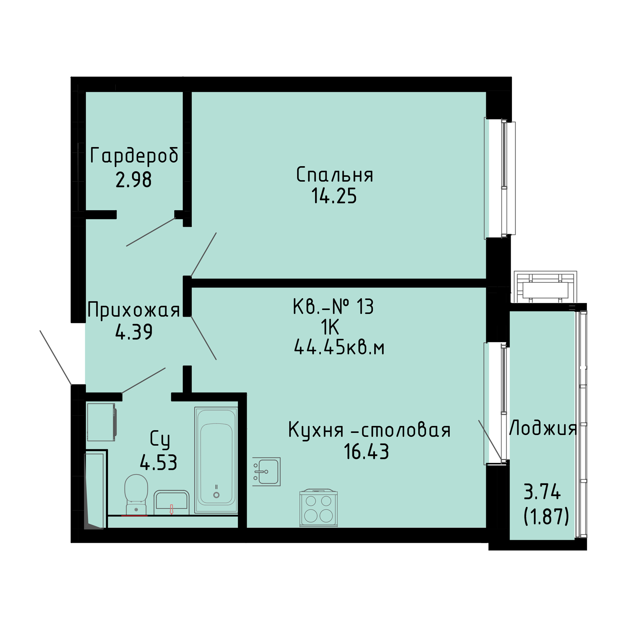 ЖК Формат, 1-комн кв 43,62 м2, за 8 758 500 ₽, 2 этаж