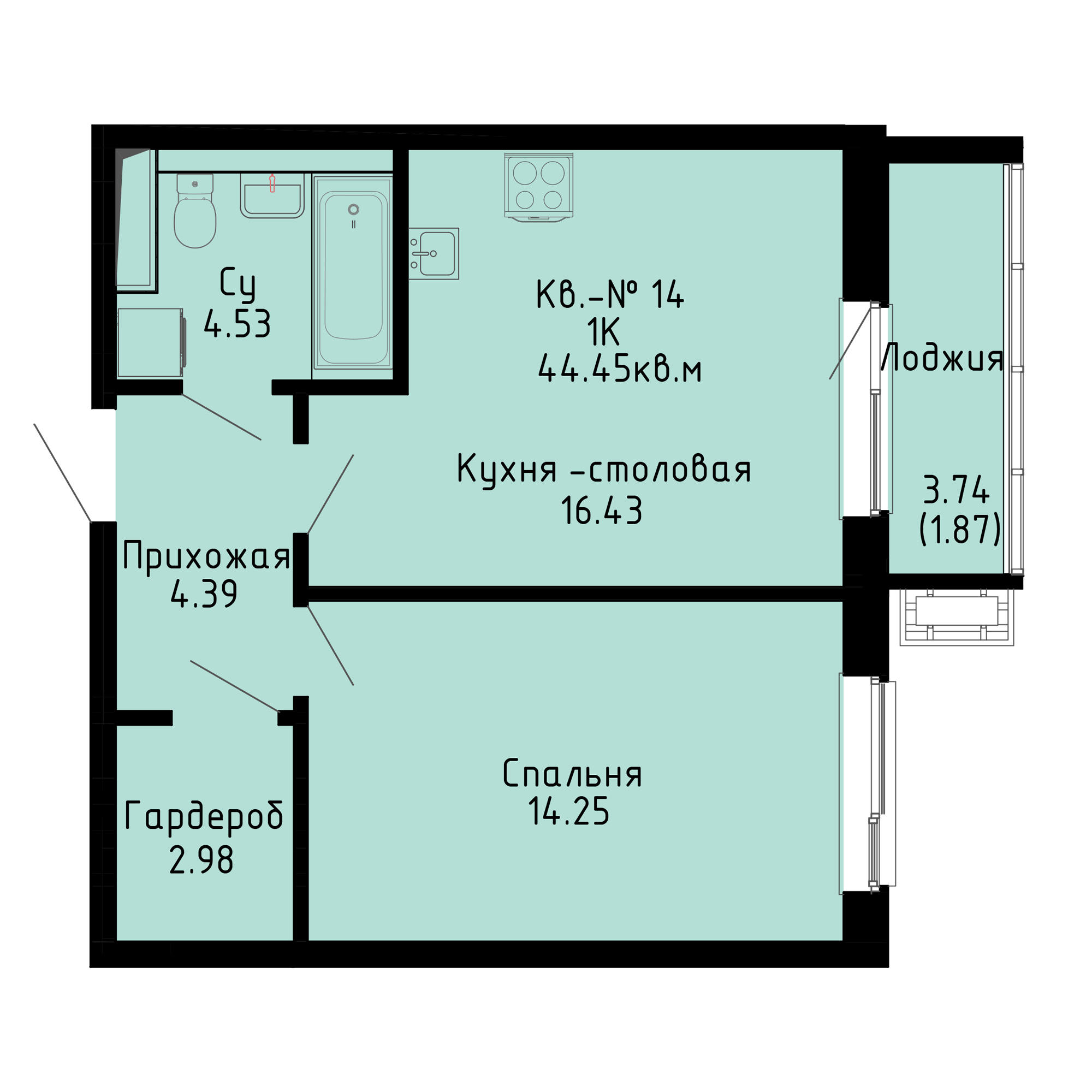 ЖК Формат, 1-комн кв 43,62 м2, за 8 758 500 ₽, 2 этаж